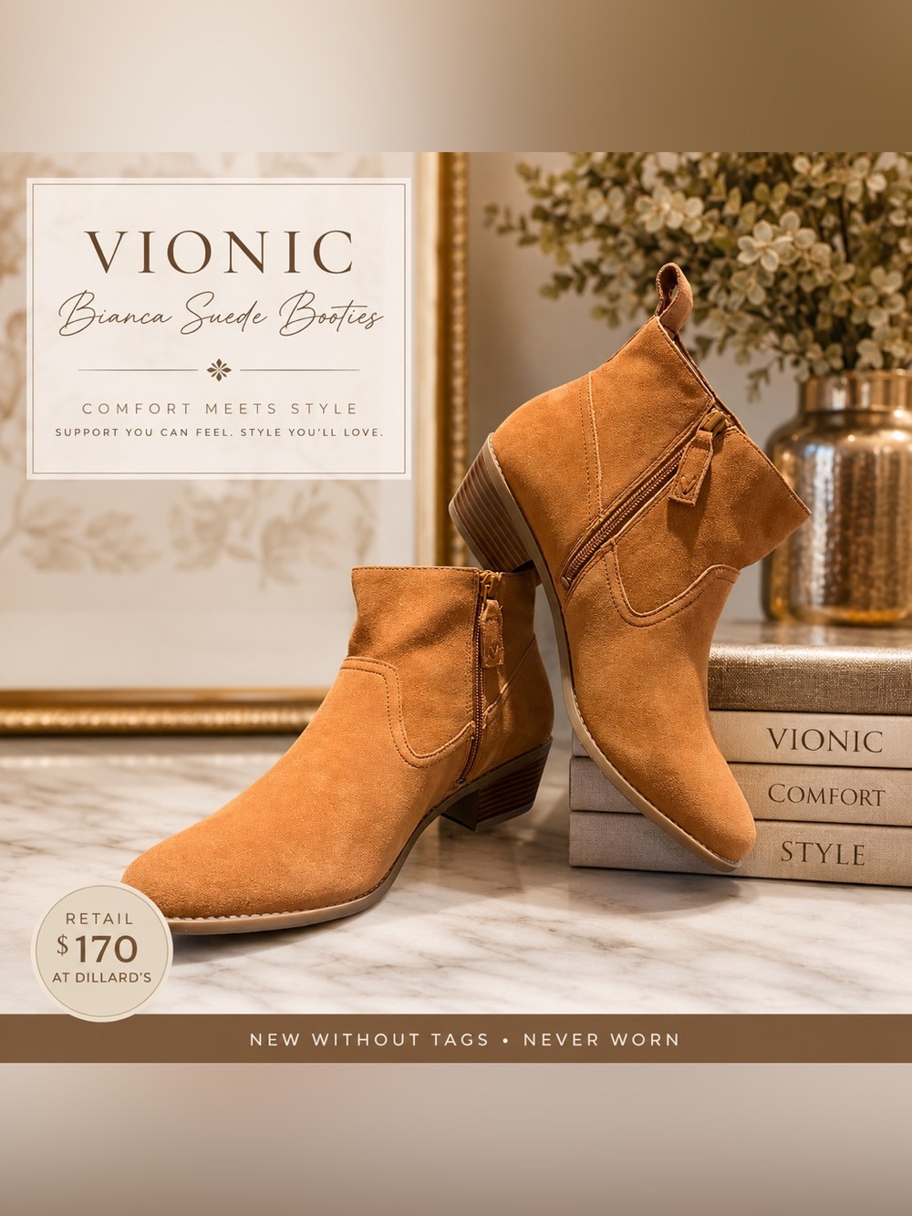 Vionic Bianca Suede Western Ankle Booties Tan | NEW | $170 Retail